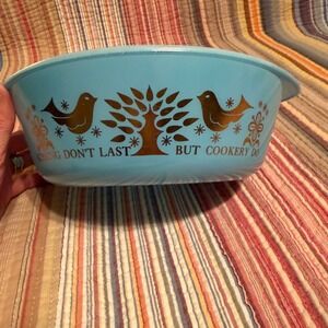 Vintage Sears Blue Glass Mixing Bowl Kissing Don't Last Cookery Do Birds Tree